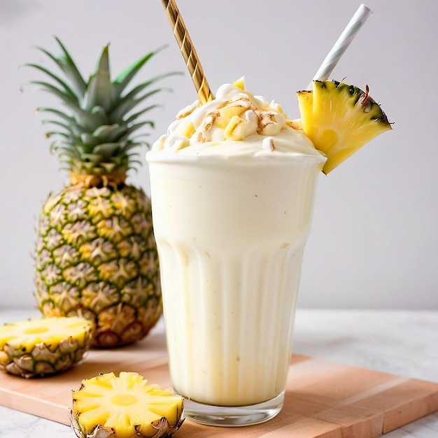 a pineapple and a pineapple drink with a straw in the middle