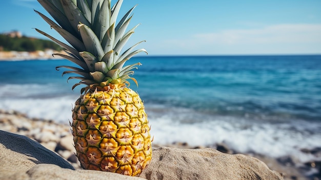 pineapple in the sand of the sea