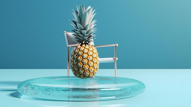 A pineapple sits on a chair in front of a blue background.