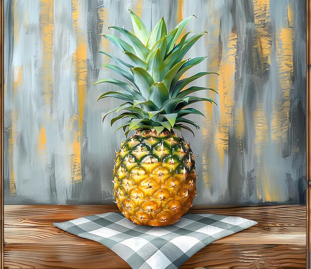 Photo a pineapple sits on a table with a plaid cloth