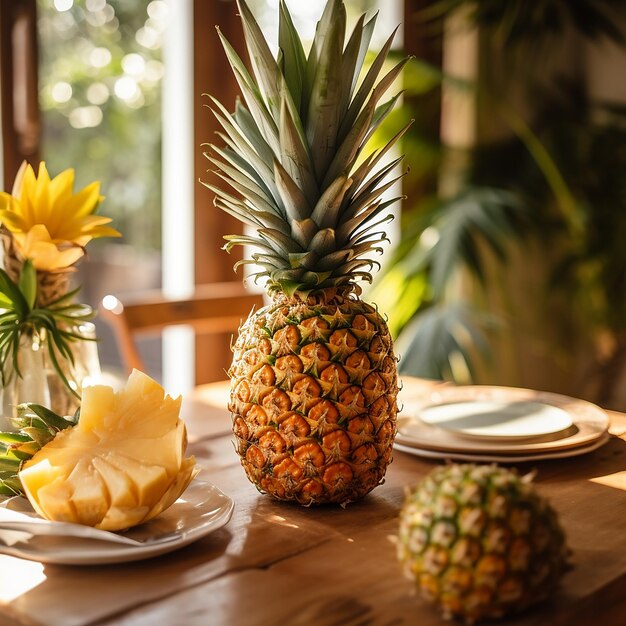 Photo a pineapple sits on a table with a plate of flowers and a plate of flowers