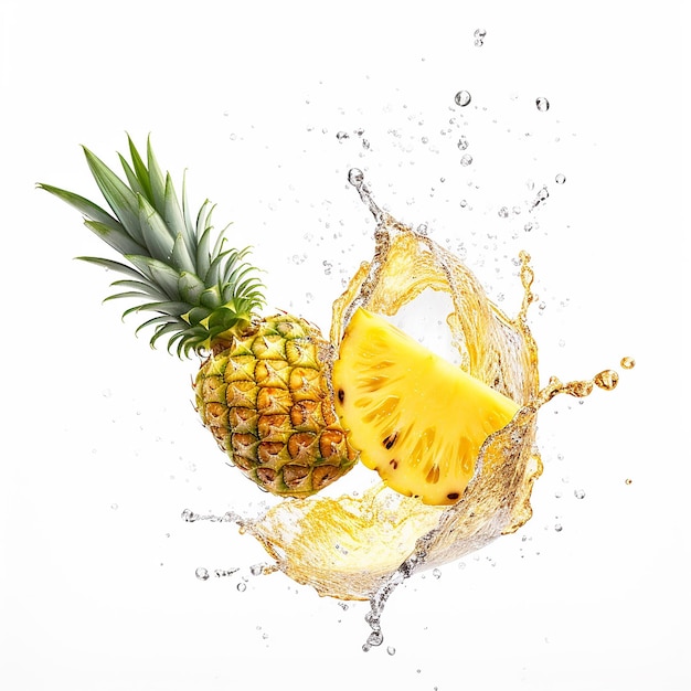 a pineapple and a slice of lemon are being splashed with water