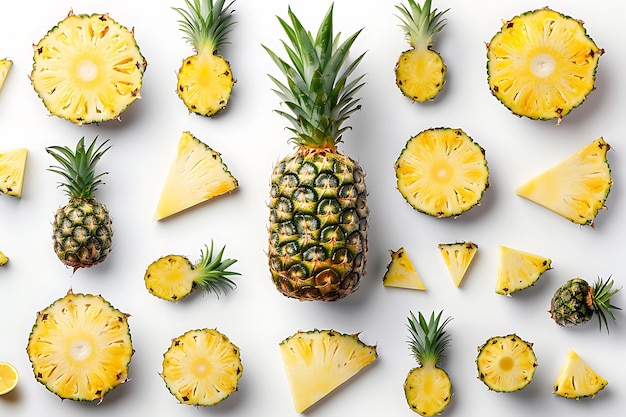 Pineapple slices and whole fruit on white background