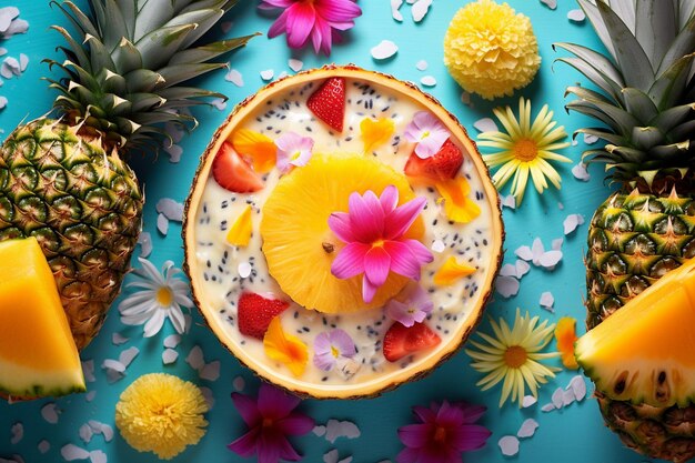 Photo pineapple smoothie bowl with colorful toppings