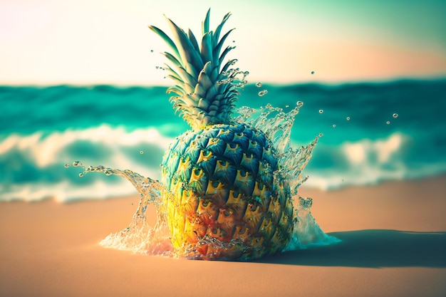 Pineapple splash on summer sea beach