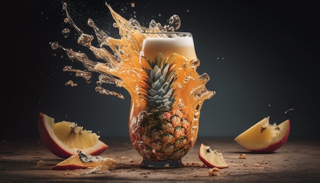 A pineapple splashes into a glass of beer.