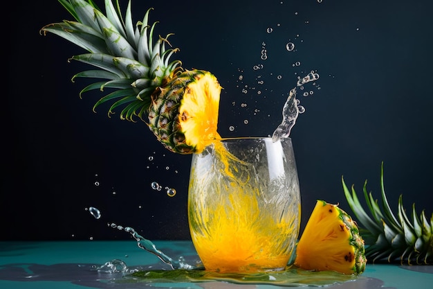 Pineapple splashing into glass of water on blue surface Generative AI