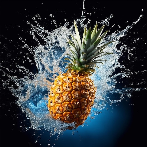 A pineapple splashing into a heart shaped water splash.