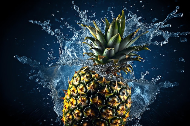 A pineapple splashing in water with a blue background.