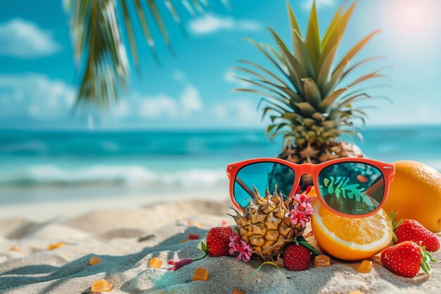 Photo a pineapple and sunglasses are on the beach with a palm tree in the background