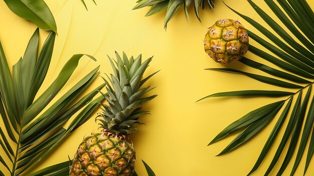 Pineapple and tropical palm leaves on yellow background Top view Summer concept Crea Generative AI