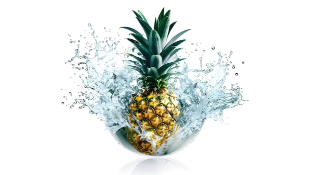 Pineapple in a tropical splash isolated on white background illustration