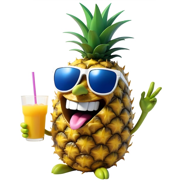 a pineapple wearing sunglasses holds a glass of juice