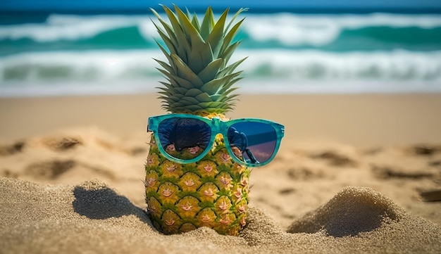 A pineapple wearing sunglasses sits on a beach.