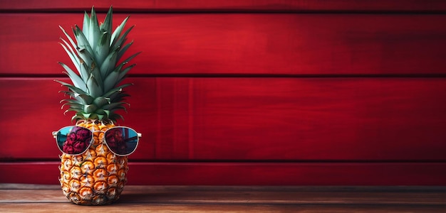 A pineapple wearing sunglasses sits on a red background with a red background