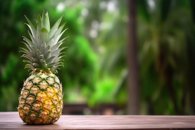 Pineapple with pineapple slices on wood background with green nature background