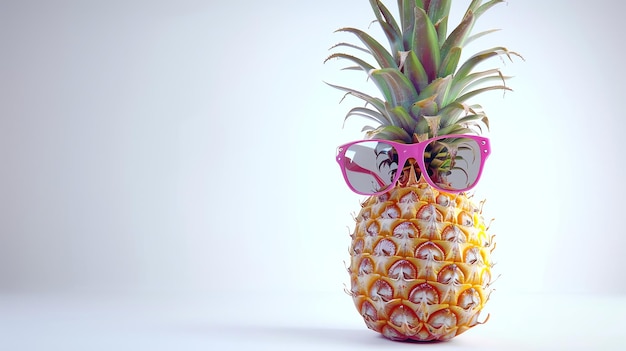 Pineapple with pink sunglasses on white background