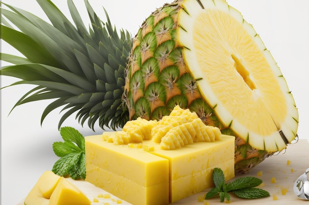 A pineapple with a salad of chopped pineapple Sliced fresh juicy pineapple