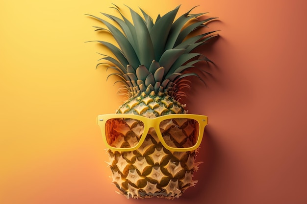 Pineapple with sunglasses on yellow background Summer vacation concept Generative AI