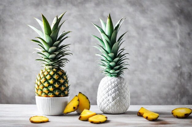 pineapples are on a table one of which is a pineapple