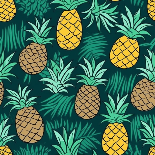 Pineapples and palm leaves on a dark green background generative ai