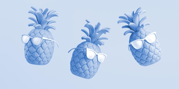 Pineapples with sunglasses floating Summer concept Copy space 3D illustration