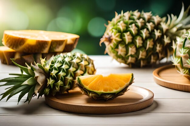 Pineapples on a wooden cutting board with a green background