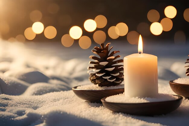 Pinecones on fake snow and canddles