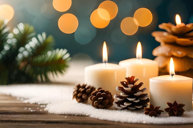 Pinecones on fake snow and canddles