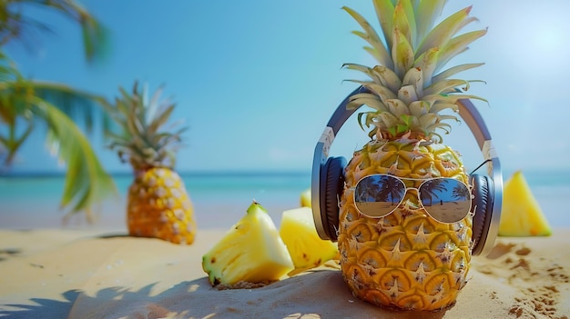 PinePineapple with sunglasses and headphones at tropical beach Holiday Vacation Con Generative AI