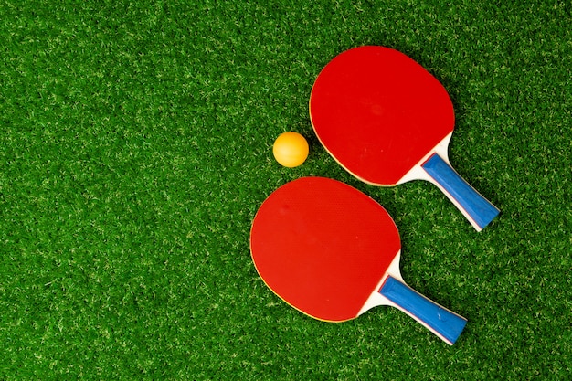 Ping pong rackets and ball on grass