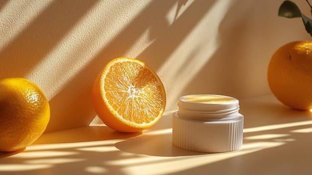 A pinhole photography style shot of skincare cream and an orange with soft edges