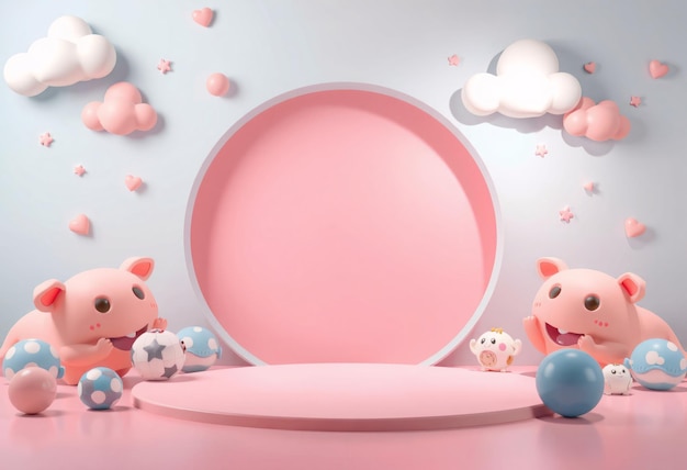 Pink 3D Cartoon Character Product Display with Clouds and Stars