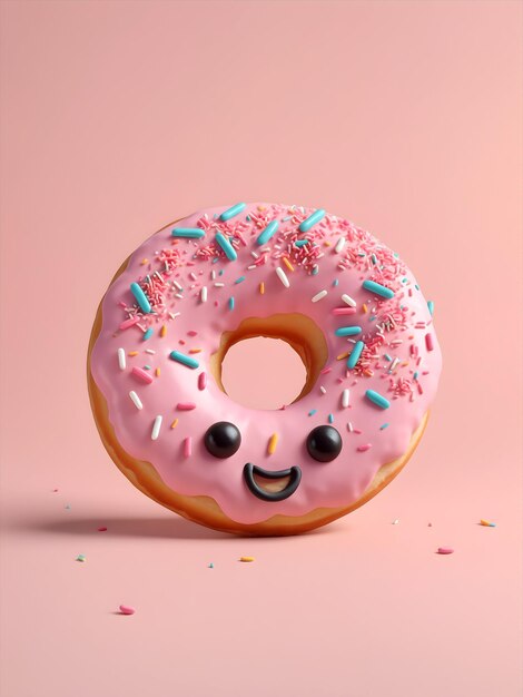 pink 3D donut with sprinkles with a cute face on a pastel background 3D rendering