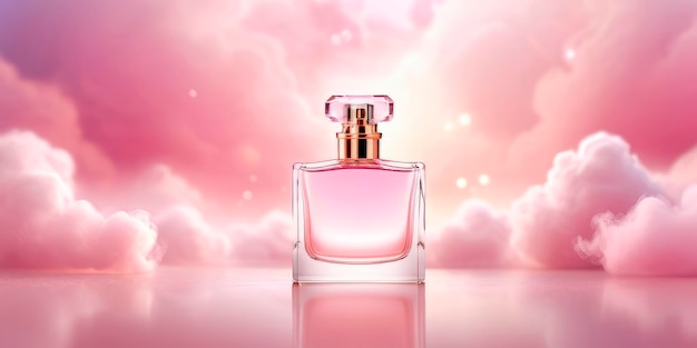 pink advertising of elite perfumes on a background of pink clouds