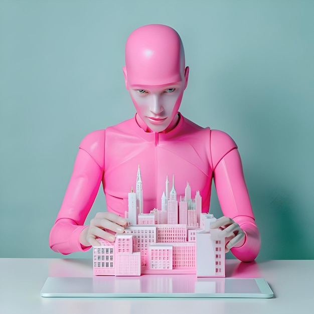 Photo a pink ai robot carefully examines a miniature city model symbolizing the future of urban planning