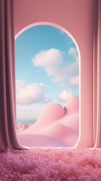 A pink airplane window with a blue sky and clouds.