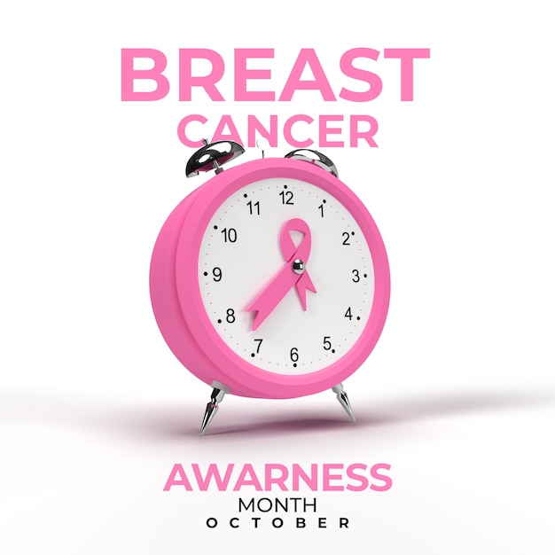 Pink alarm clock with pink ribbon on clock face Concept of Breast cancer awareness