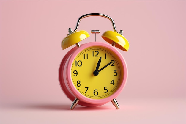 A pink alarm clock with yellow hands