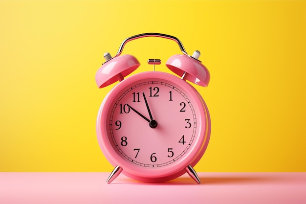 A pink alarm clock with yellow hands