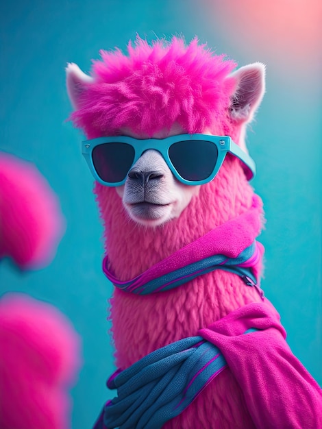 Pink alpaca with sunglasses and a scarf ai generative