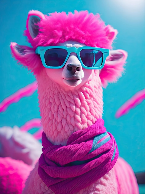 Pink alpaca with sunglasses and a scarf ai generative