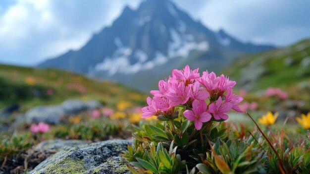 Photo pink alpine flowers blooming in mountain landscape