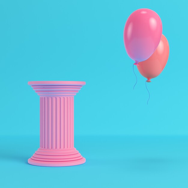 Pink ancient pillar with two flying balloons on bright blue background