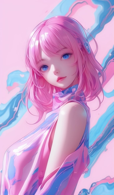 a pink anime girl with pink hair and a blue ribbon