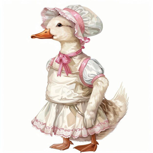 pink anime watercolor Gardener Duck in a Bonnet with apron