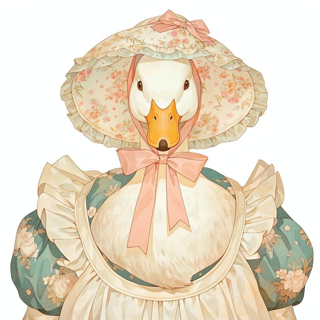 pink anime watercolor Gardener Duck in a Bonnet with apron