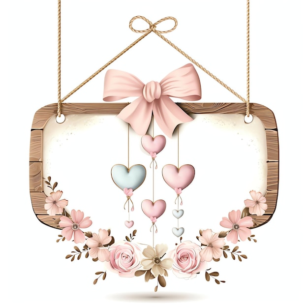 pink anime watercolor wooden sign with flowers and hearts hanging from it