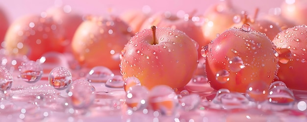 a pink apple is covered in water droplets