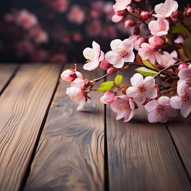 Pink apple tree flowers on a wooden table